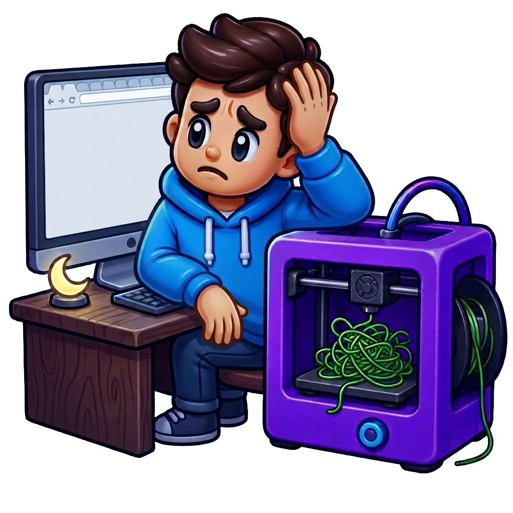 Maker preocupado à noite diante de um computador com muitas abas e uma impressão spaghetti falhada